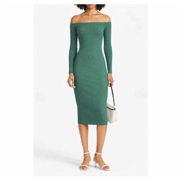 Enza Costa Dresses & Skirts - Enza Costa Off Shoulder Ribbed Jersey Midi Dress XS Green‎ Wedding Guest Party